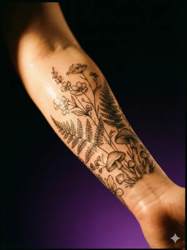 Fine-line botanical tattoo on forearm